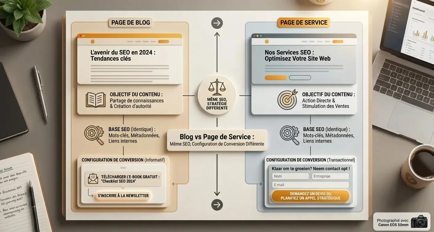 Infographie : différences blog vs page de service. Même SEO, stratégie de conversion distincte. Guide marketing.
