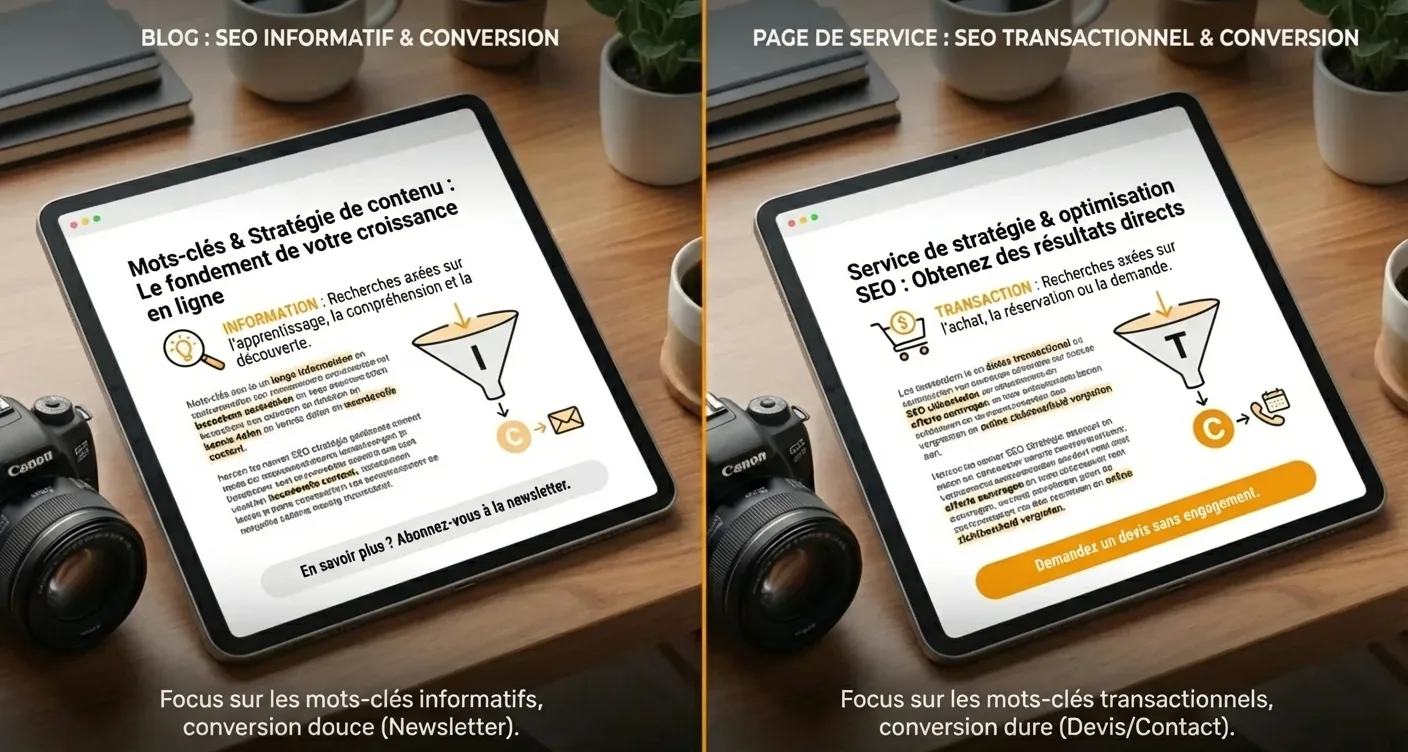 Comparatif Blog vs Page service : SEO identique, stratégies de conversion distinctes. Rôle clé des mots-clés pour votre contenu.