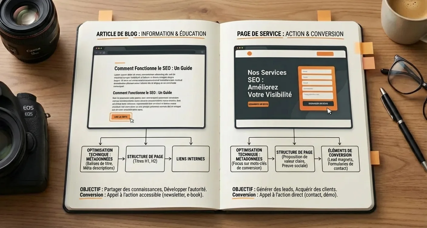Schéma: Blog vs Page de service. Même SEO, mais stratégies de conversion différentes expliquées en détail.