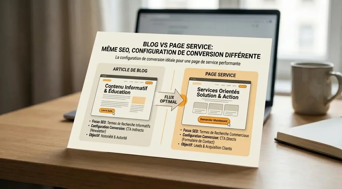 Infographie Blog vs Page Service: même SEO, différentes stratégies pour booster la conversion des pages de services professionnelles.