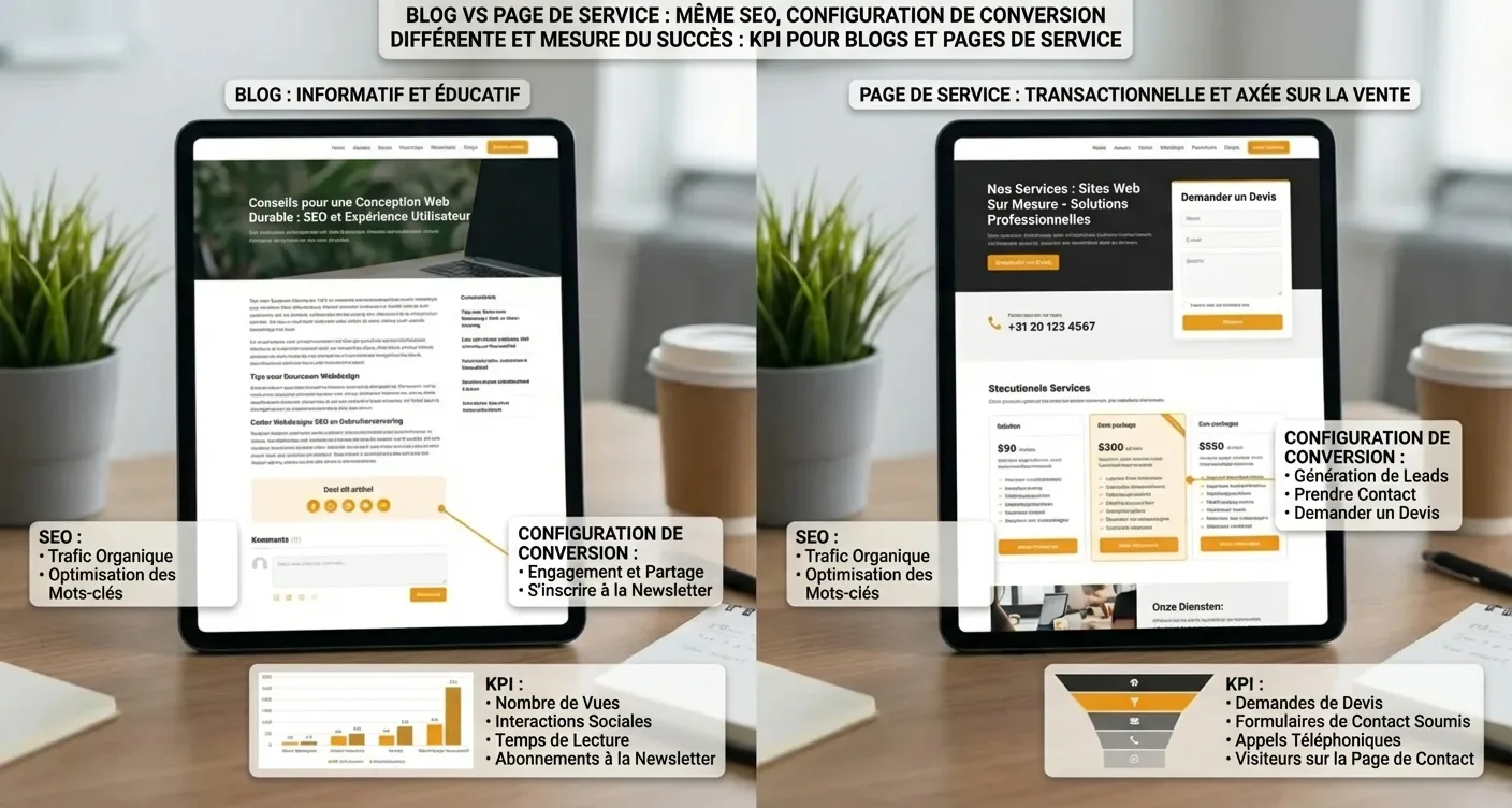 Comparaison SEO blog et page de service : stratégies de conversion et KPIs distincts.