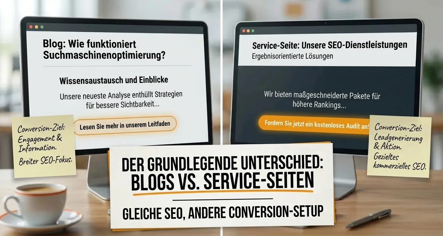 Vergleich von Blog- und Serviceseiten für eine professionelle Website-Struktur und bessere Online-Sichtbarkeit.