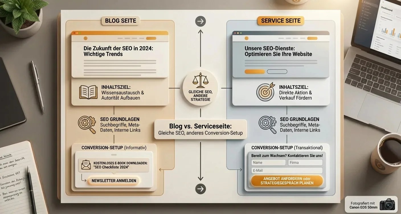 Infografik: SEO- und Conversion-Strategien im Vergleich für Blogartikel und Leistungsseiten.
