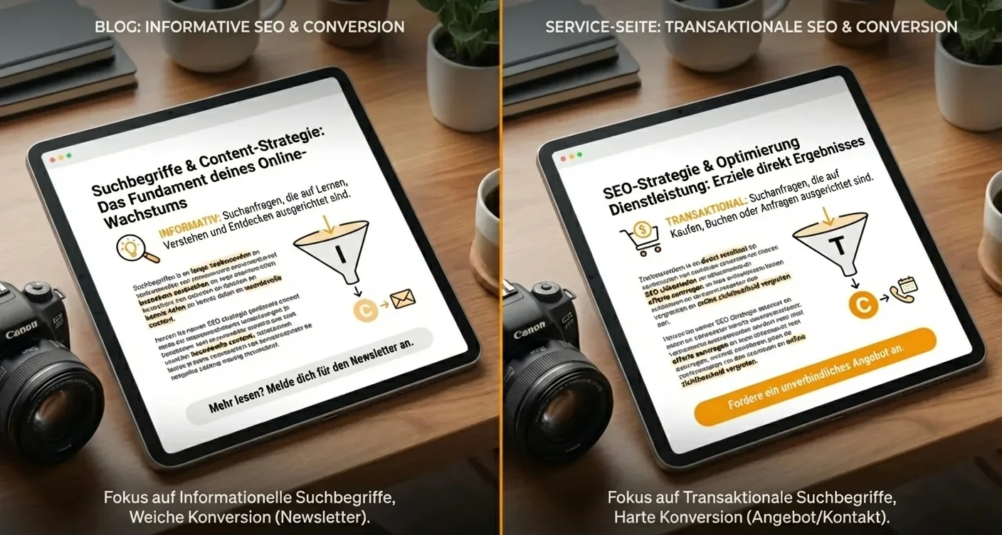 Keyword-Strategie für Blog- & Service-Seiten: Vergleich von Informations- & Transaktions-Intentionen im SEO.