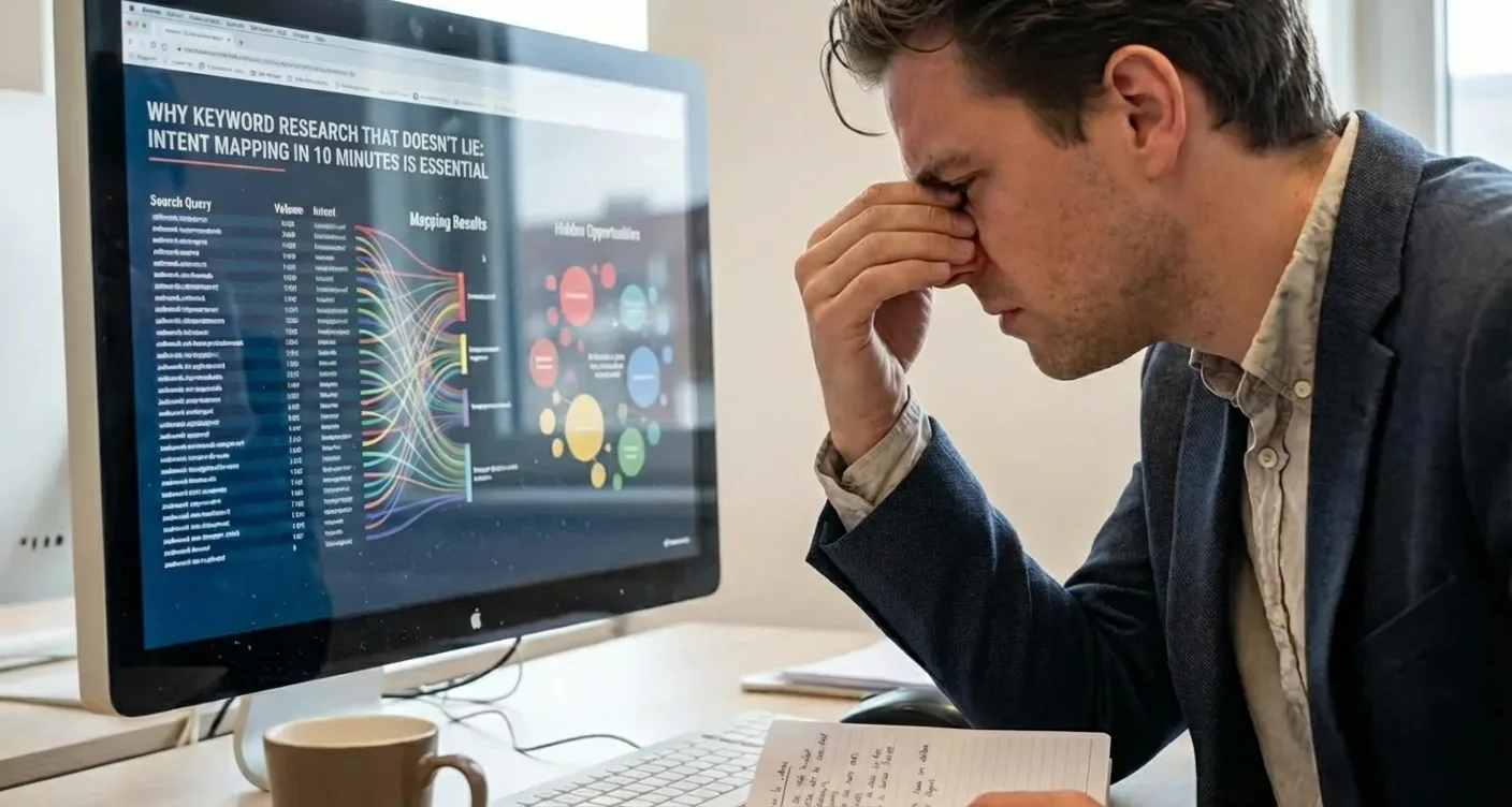 Struggling SEO marketer reviewing complex analytics, showing the critical need for keyword intent mapping in SEO strategy.