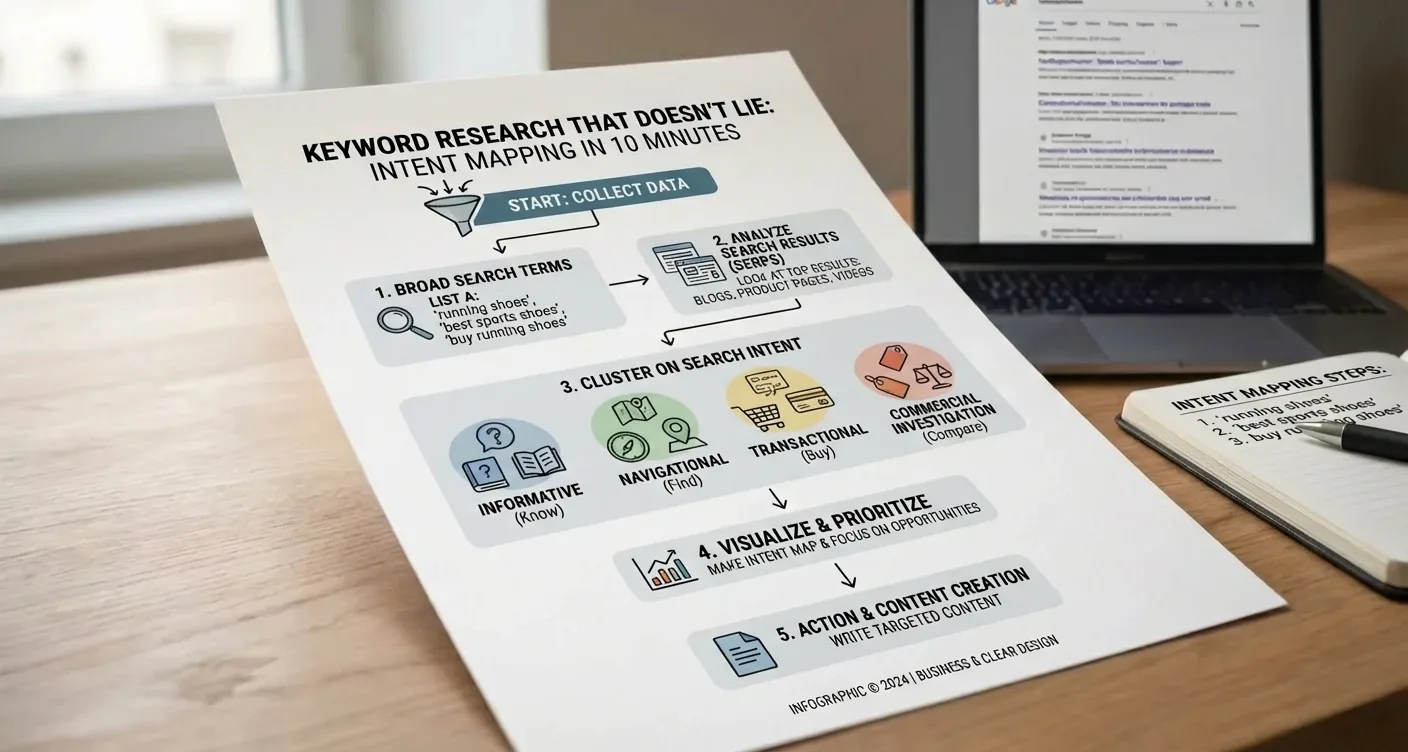 Infographic: keyword intent mapping workflow with visual icons for informational, navigational, transactional search intent categories.