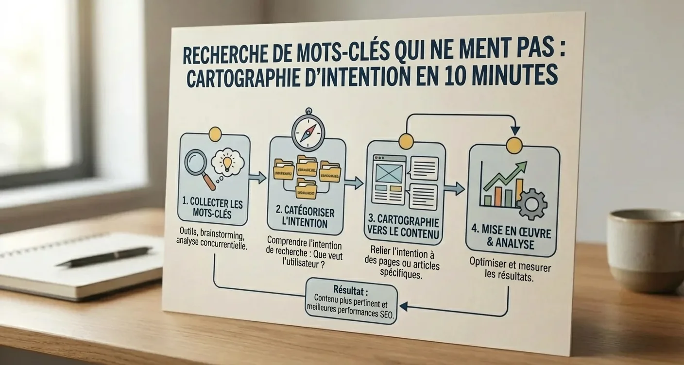 Infographie SEO décrivant la recherche et la cartographie de mots-clés pour une stratégie d'optimisation performante.