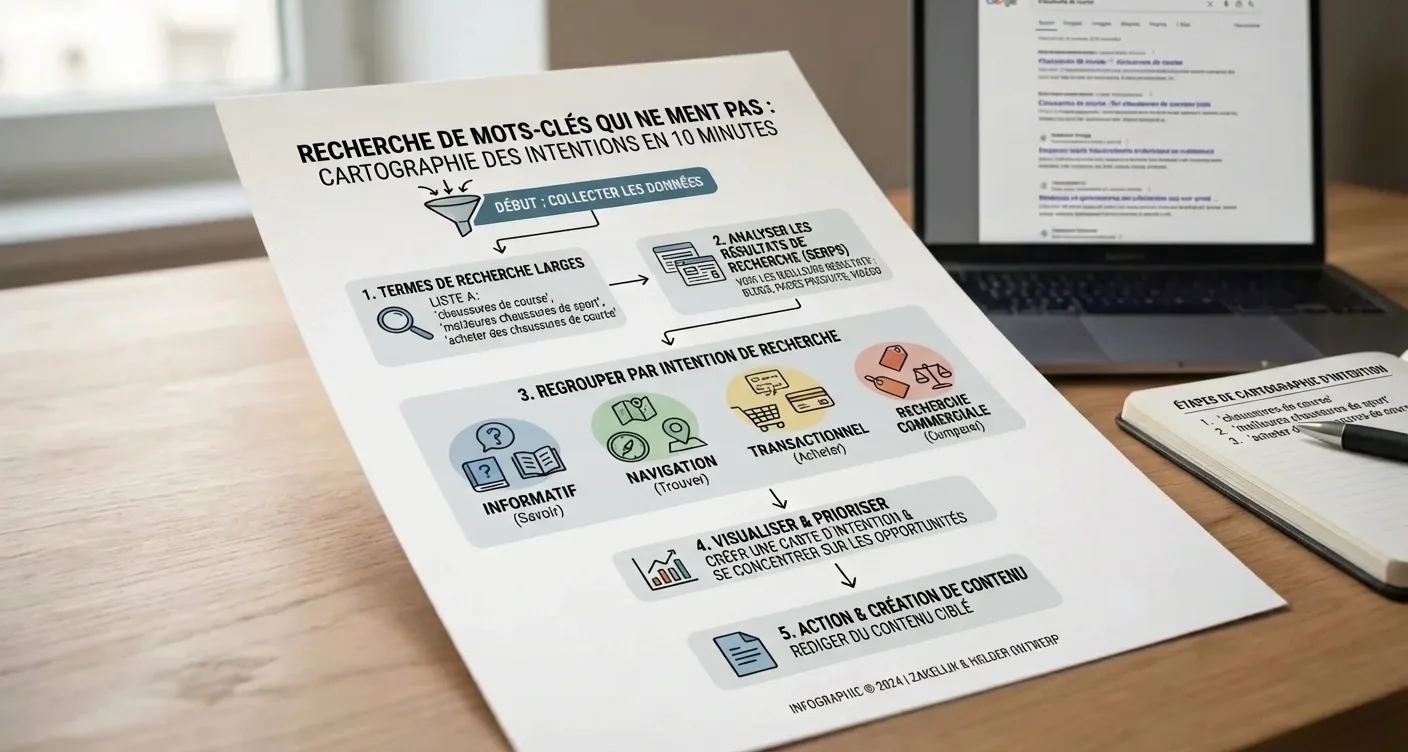 Infographie: étapes clés de la recherche de mots-clés SEO et leur cartographie pour une stratégie de contenu.
