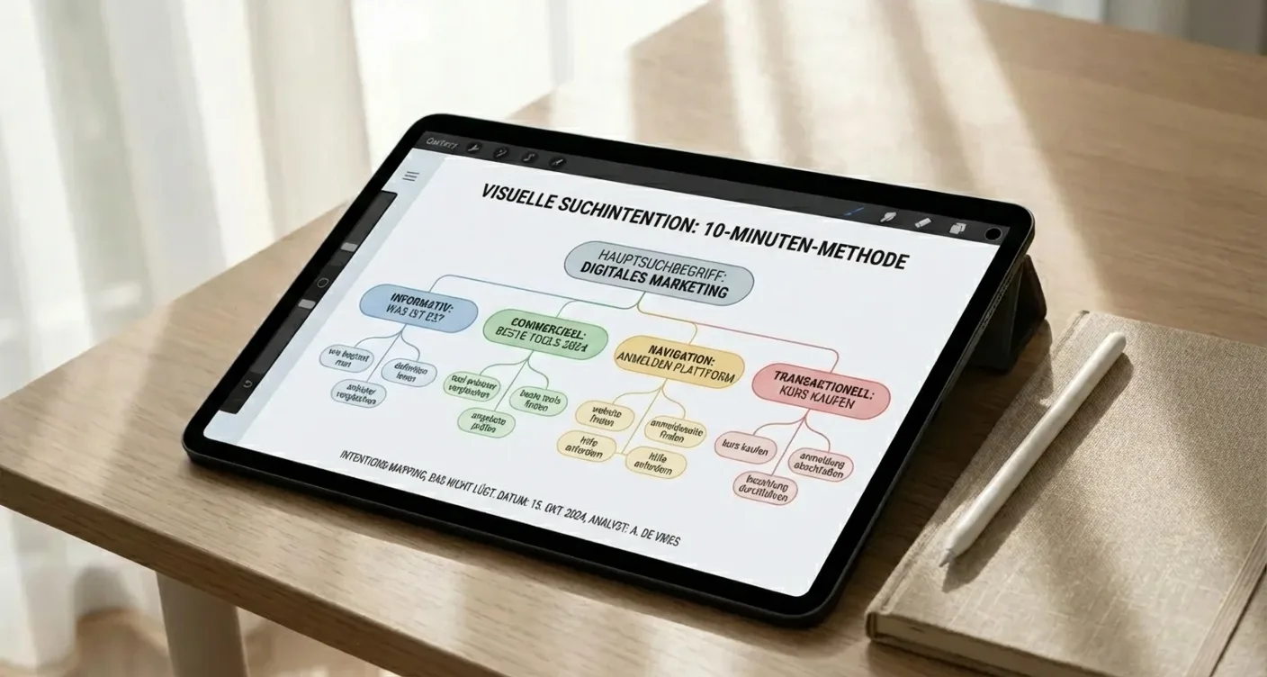 Detail einer digitalen Karte mit verbundenen Suchintentionen und Keyword-Recherche. Professionelles SEO-Mapping in nur 10 Minuten.