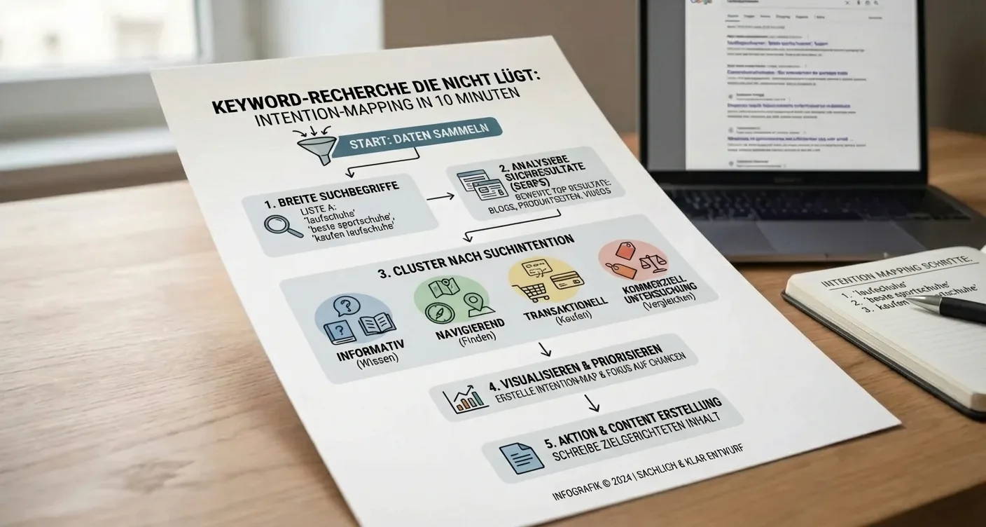 Infografik: Keyword-Recherche Ablauf & Suchintention-Mapping in 10 Min. Visuelle Symbole für schnelle Suchanfragen-Analyse.