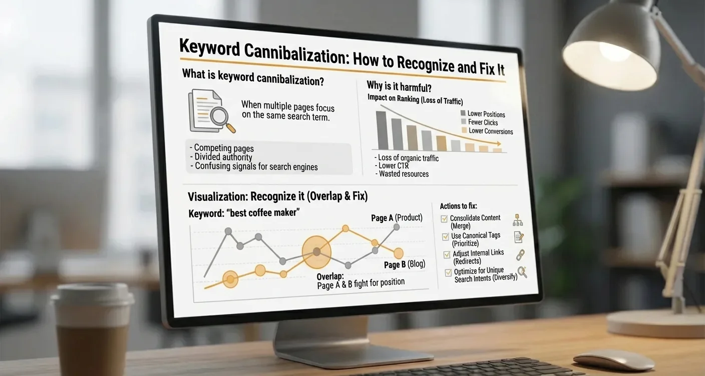 Analytics dashboard showing keyword cannibalization data, its impact on SEO rankings and search performance.