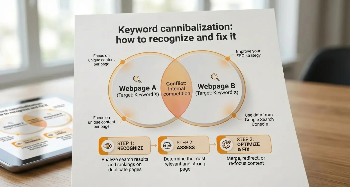 Infographic: identifying & fixing keyword cannibalization with overlapping content. Visual guide for SEO strategy.