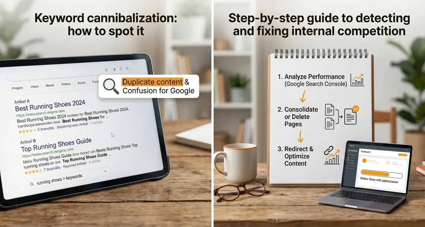 Identify keyword cannibalization in a side-by-side SEO comparison guide for detecting internal competition.
