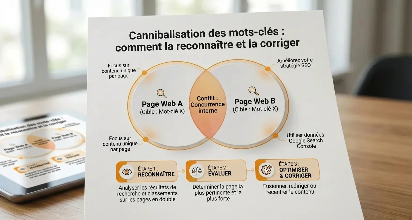 Infographie SEO: identifier et résoudre la cannibalisation de mots-clés entre pages concurrentes.