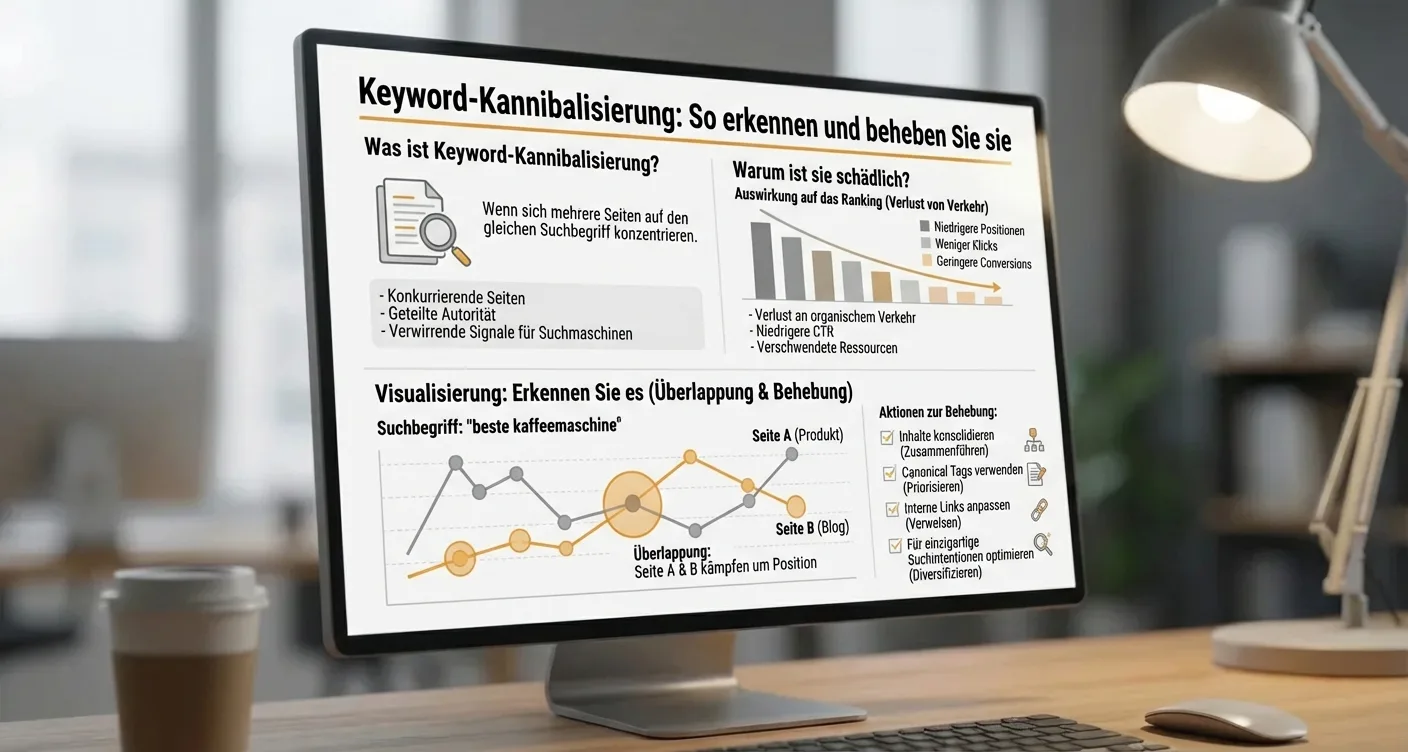 Analytisches SEO-Dashboard visualisiert Keyword-Kannibalisierung und ihre schädlichen Auswirkungen auf Rankings.