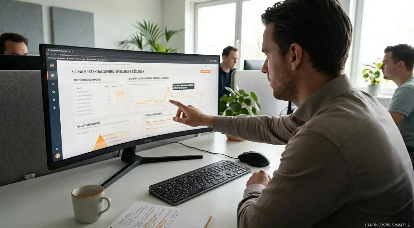 SEO-Experte analysiert am Bildschirm Daten, löst Keyword-Kannibalisierung und doppelte Rankings für bessere SEO-Sichtbarkeit.