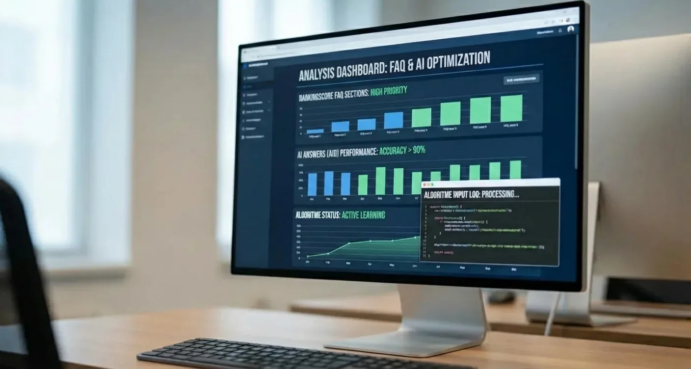Digital screen analyzing AI-optimized FAQ sections that rank for better SEO and feed AI answers.