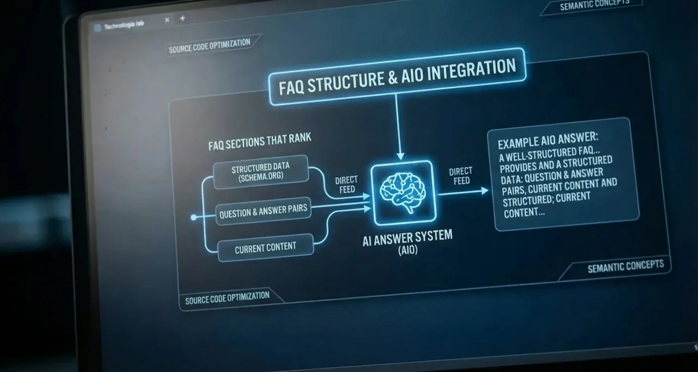 Modern AI graphical interface visualizing the structure of AI-optimized FAQ sections.