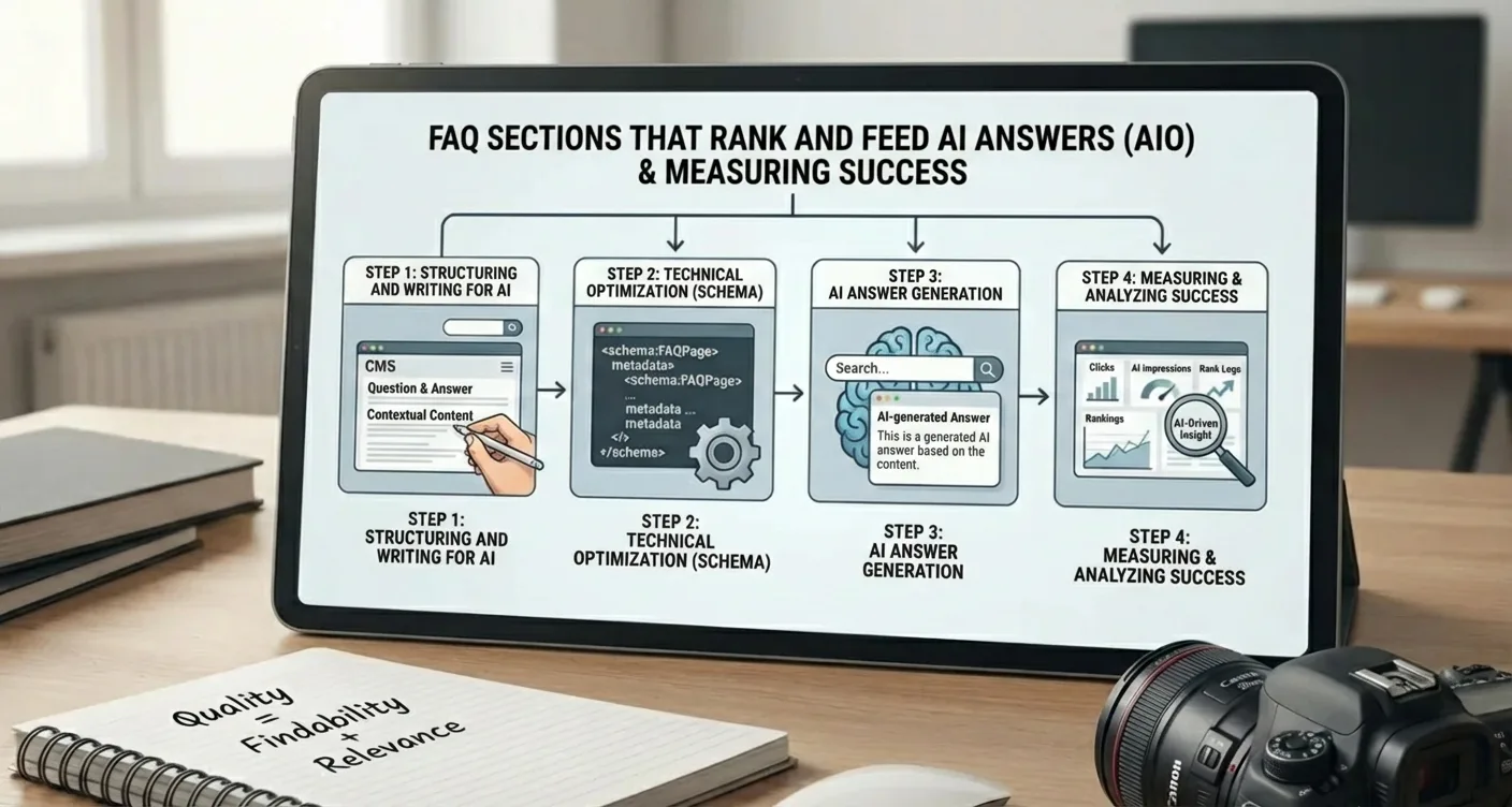 Step-by-step process for AI-optimized FAQ sections, measuring SEO success in AI-driven search environments.