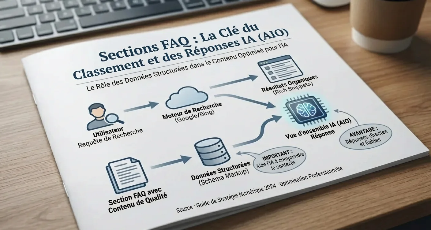 Infographie expliquant comment optimiser les sections FAQ pour le SEO, les rich snippets et l'expérience utilisateur.