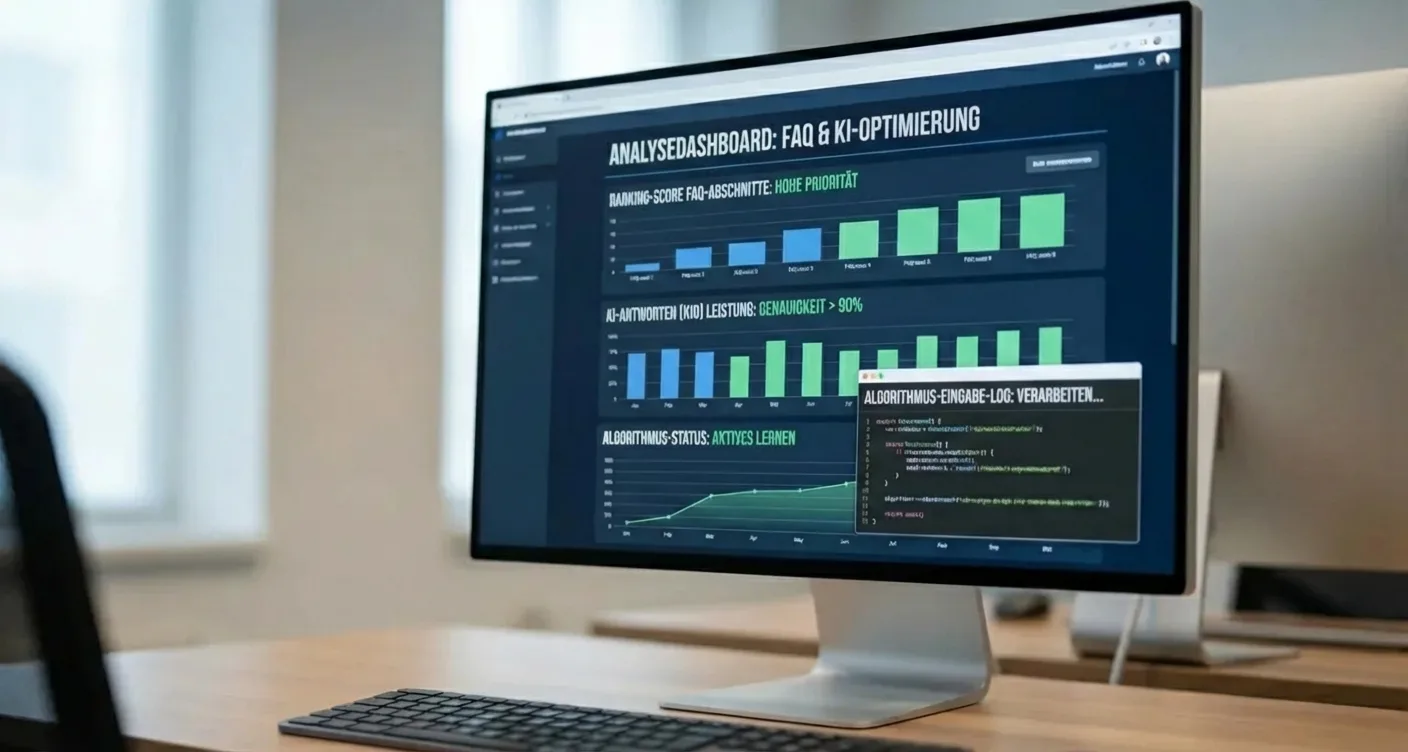 Professionelle SEO-Analyse auf digitalem Bildschirm: Algorithmus optimiert FAQ-Bereiche für Top-Ranking und effektive KI-Antworten.