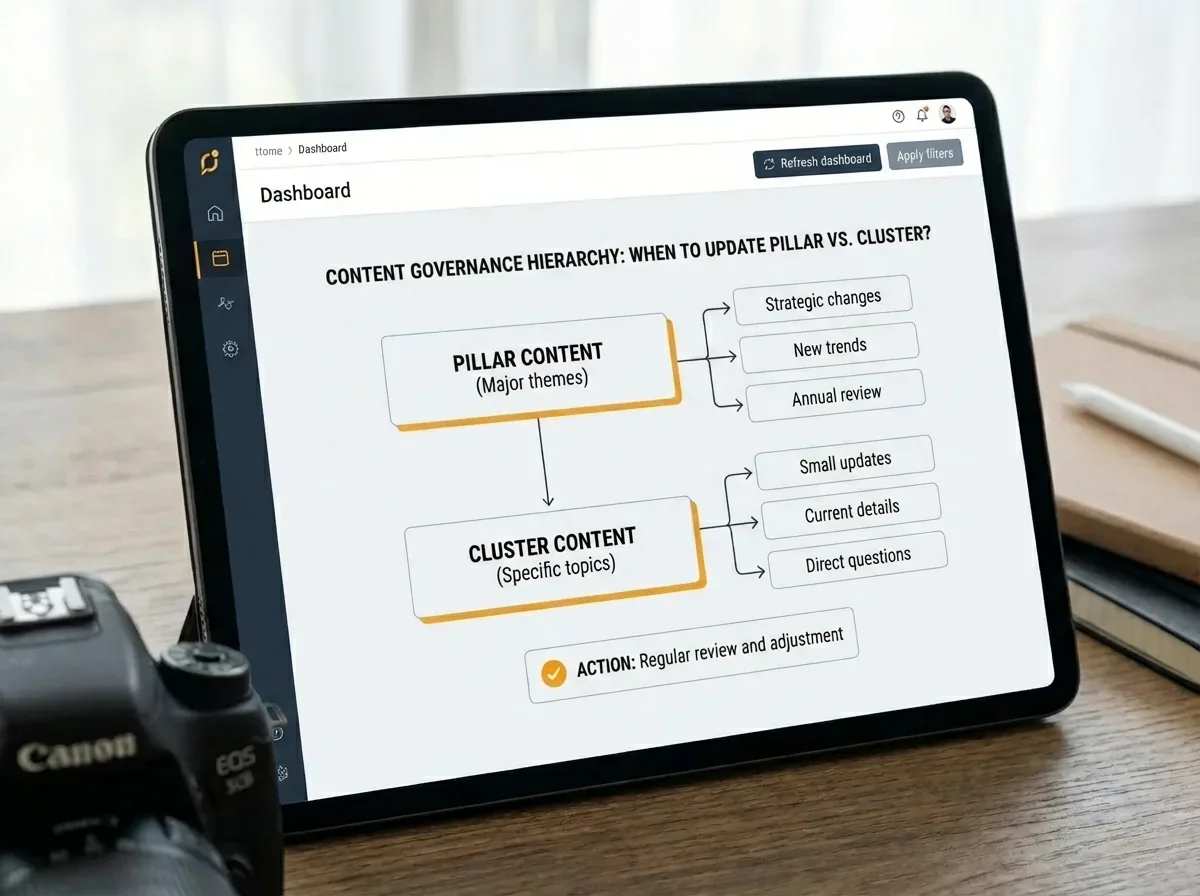 SEO content strategy dashboard illustrating pillar cluster content hierarchy and governance.