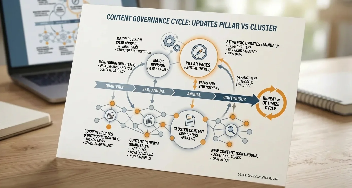 Infographic: SEO content governance cycle for pillar pages, cluster content maintenance, and update timeline.