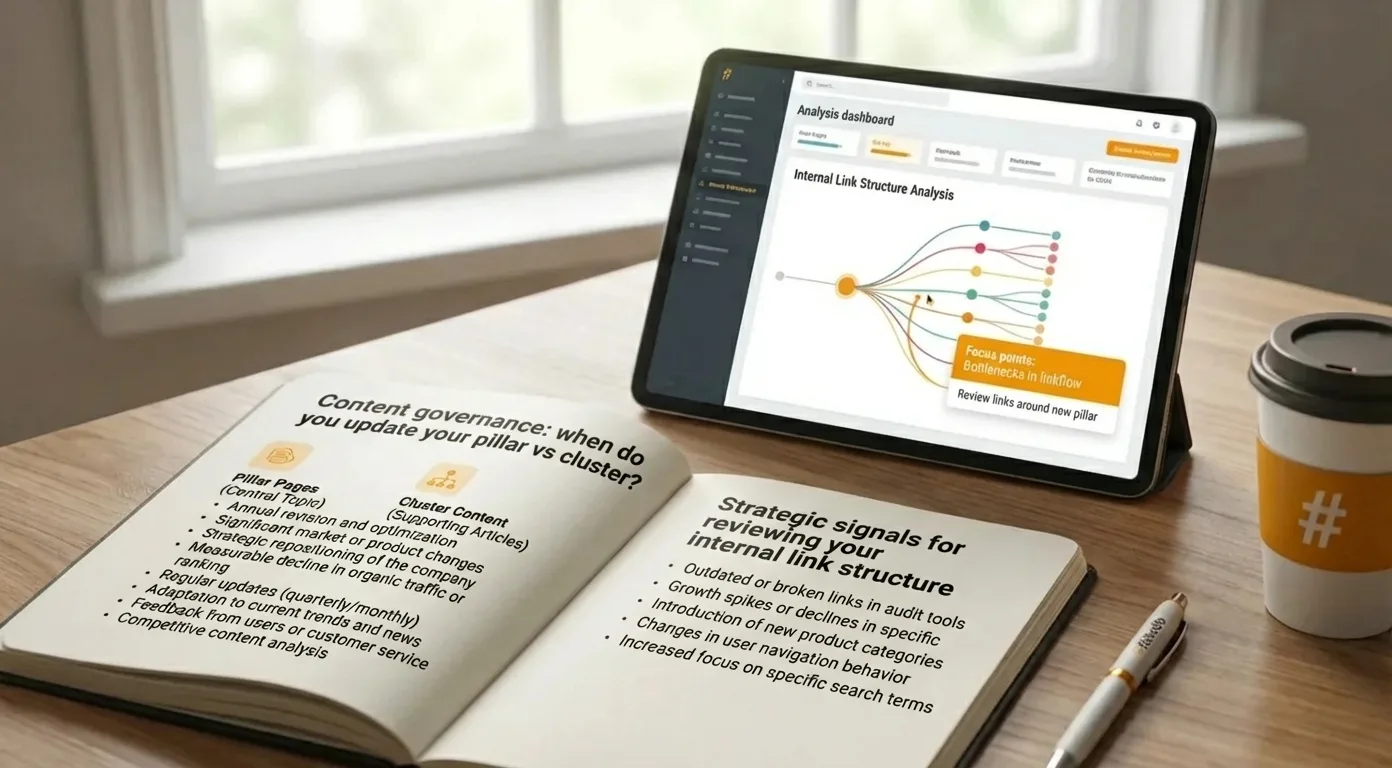 Content governance comparison: pillar vs cluster content strategy with internal linking signals for SEO structure review.