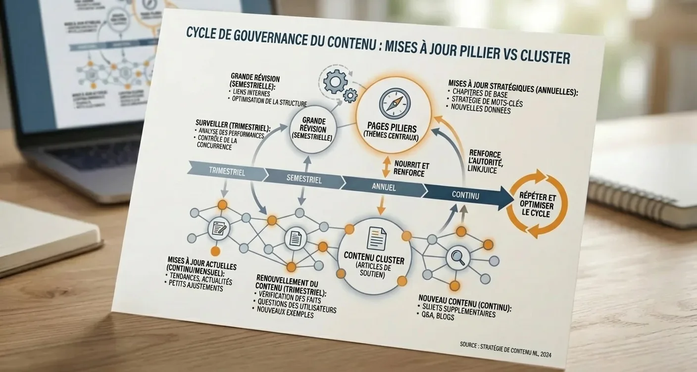 Infographie : gouvernance de contenu. Cycle de mise à jour des pages piliers et cocons sémantiques pour SEO.