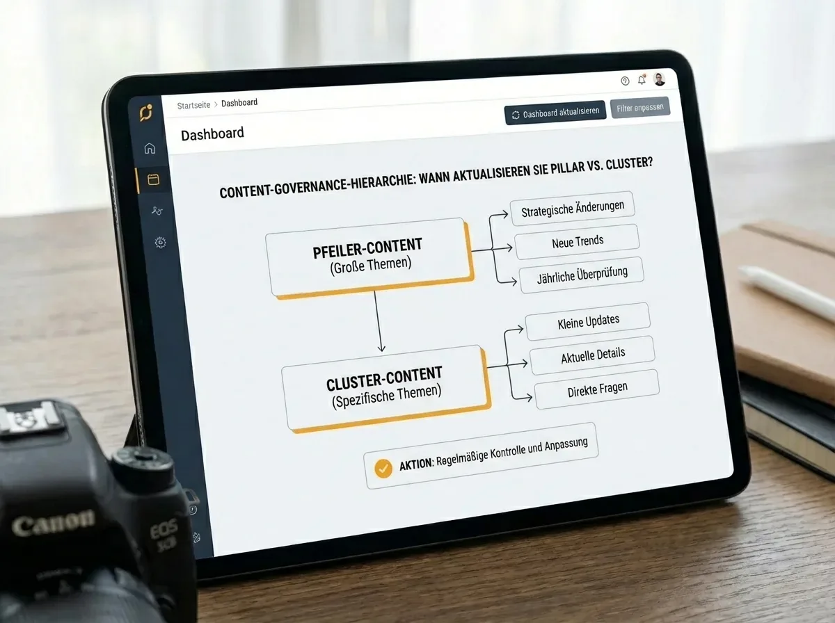 Digitales Dashboard mit Content Governance Hierarchie: Aktualisierung von Pillar Pages und Cluster Content für SEO Strategie.