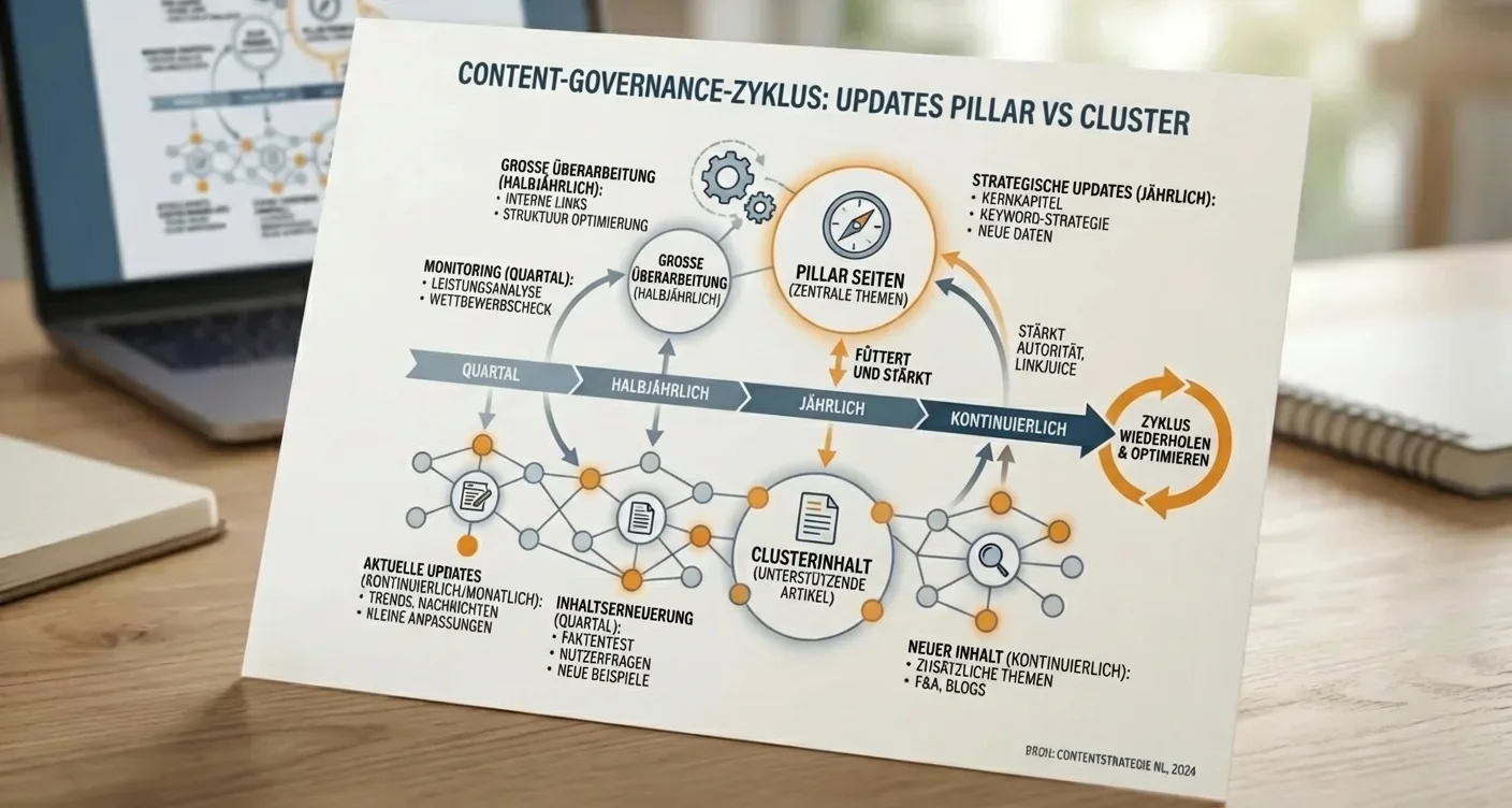 Content Governance Infografik: Zyklus & Zeitplan zur Aktualisierung von Pillar Pages und Cluster Content. Effektive Wartungsstrategie für SEO-Inhalte.