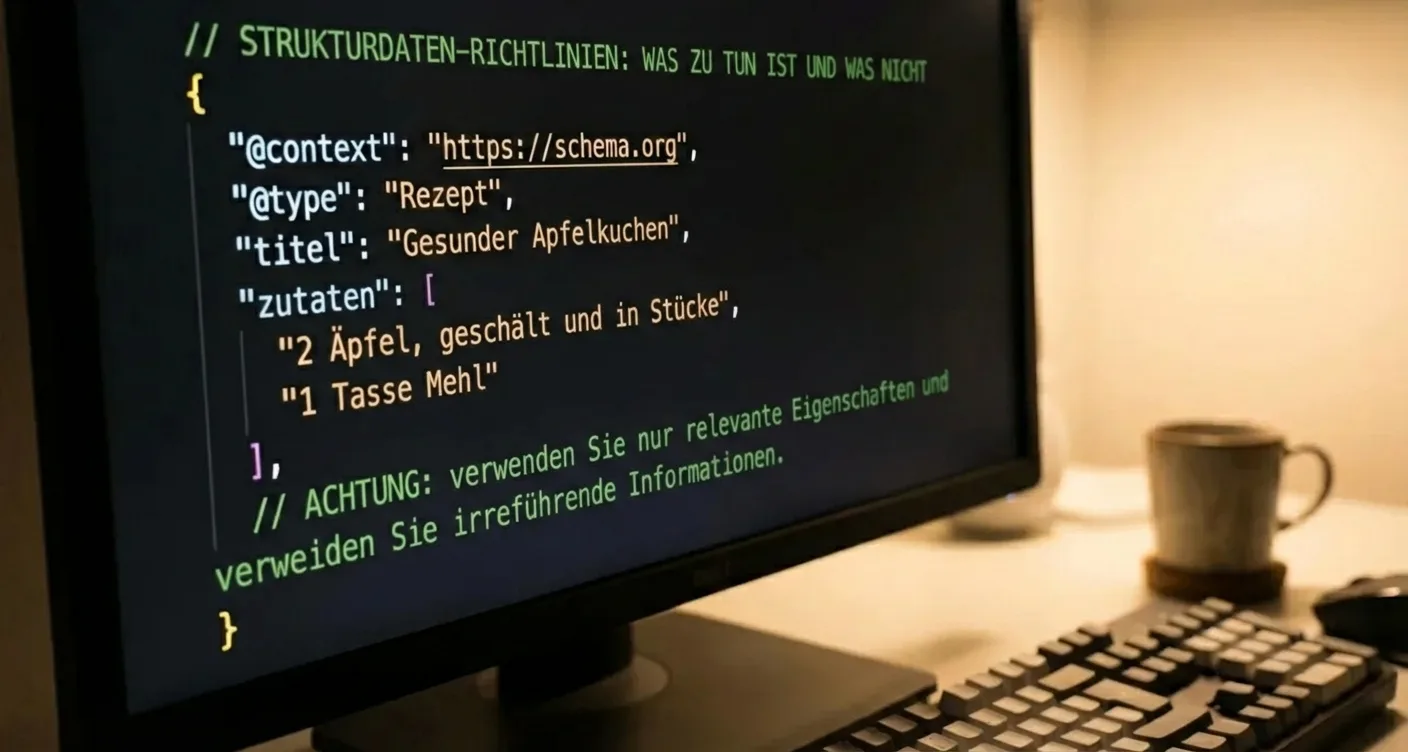 Bildschirm mit Code für strukturierte Daten und Schema Markup. Optimierung für Rich Results und bessere Sichtbarkeit in Google SEO.