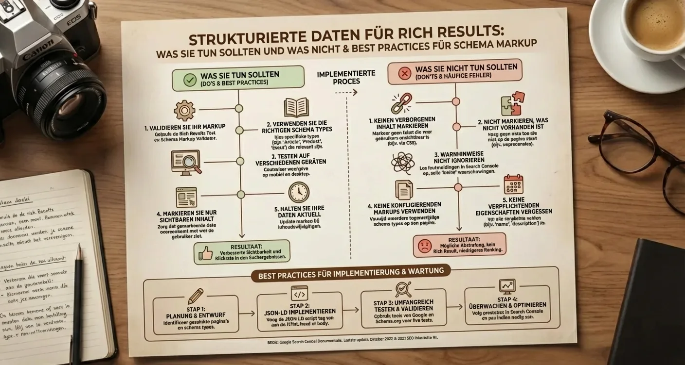 Infografik: Best Practices für Strukturierte Daten, Rich Results und Schema Markup zur Optimierung professioneller Suchergebnisse.
