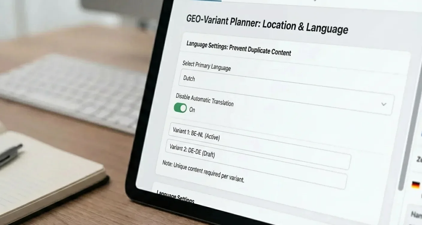 Content planning interface for geo-targeting, multilingual SEO, and duplicate content prevention.