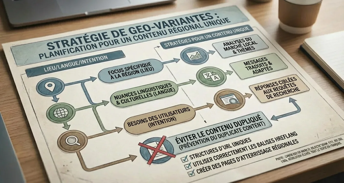 Infographie: planification stratégique SEO pour variantes géographiques (localisation, langue, intention) sans contenu dupliqué.