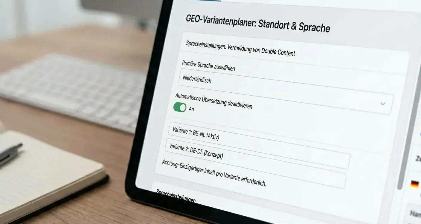 Interface zur Planung von GEO-Varianten: Spracheinstellungen und Duplicate Content vermeiden für mehrsprachige SEO-Strategien.
