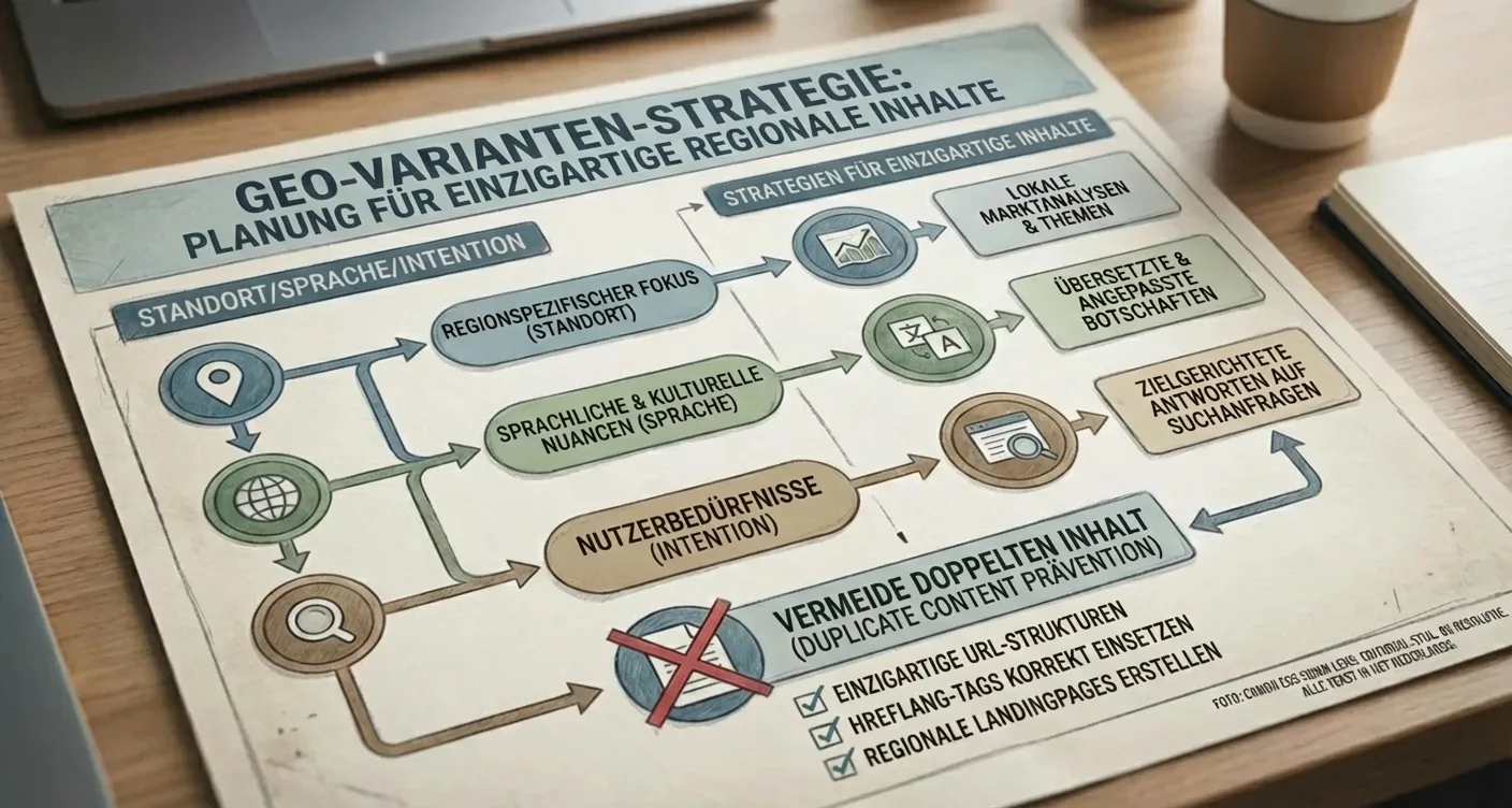 Infografik: GEO-Varianten Strategie ohne Duplicate Content für einzigartige regionale Inhalte und Nutzerintention.