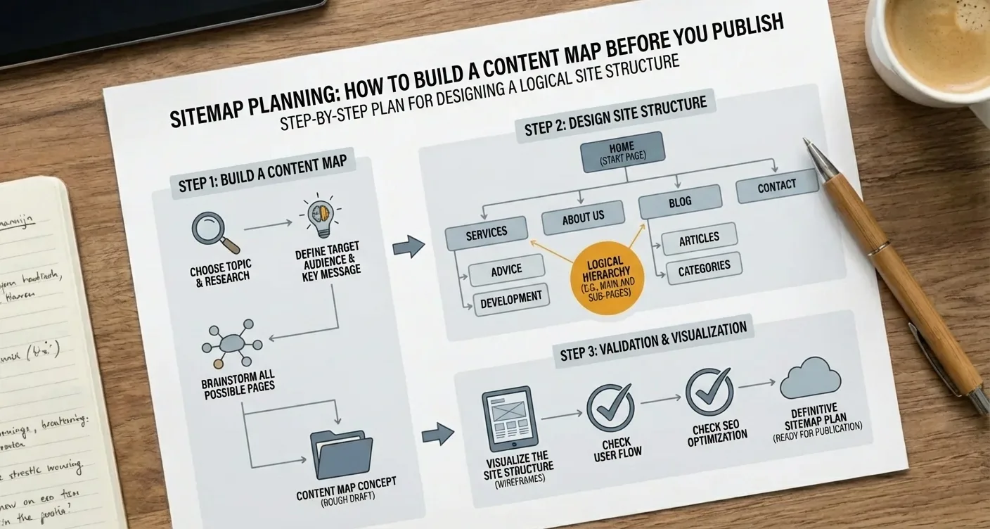 Infographic diagram illustrating sitemap planning for logical website structure and UX design.