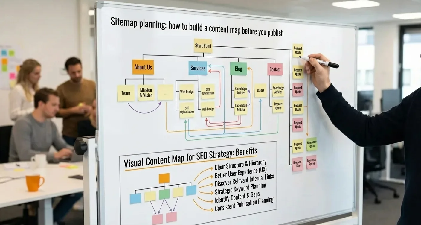 Whiteboard outlining SEO sitemap planning and visual content mapping for improved website structure.
