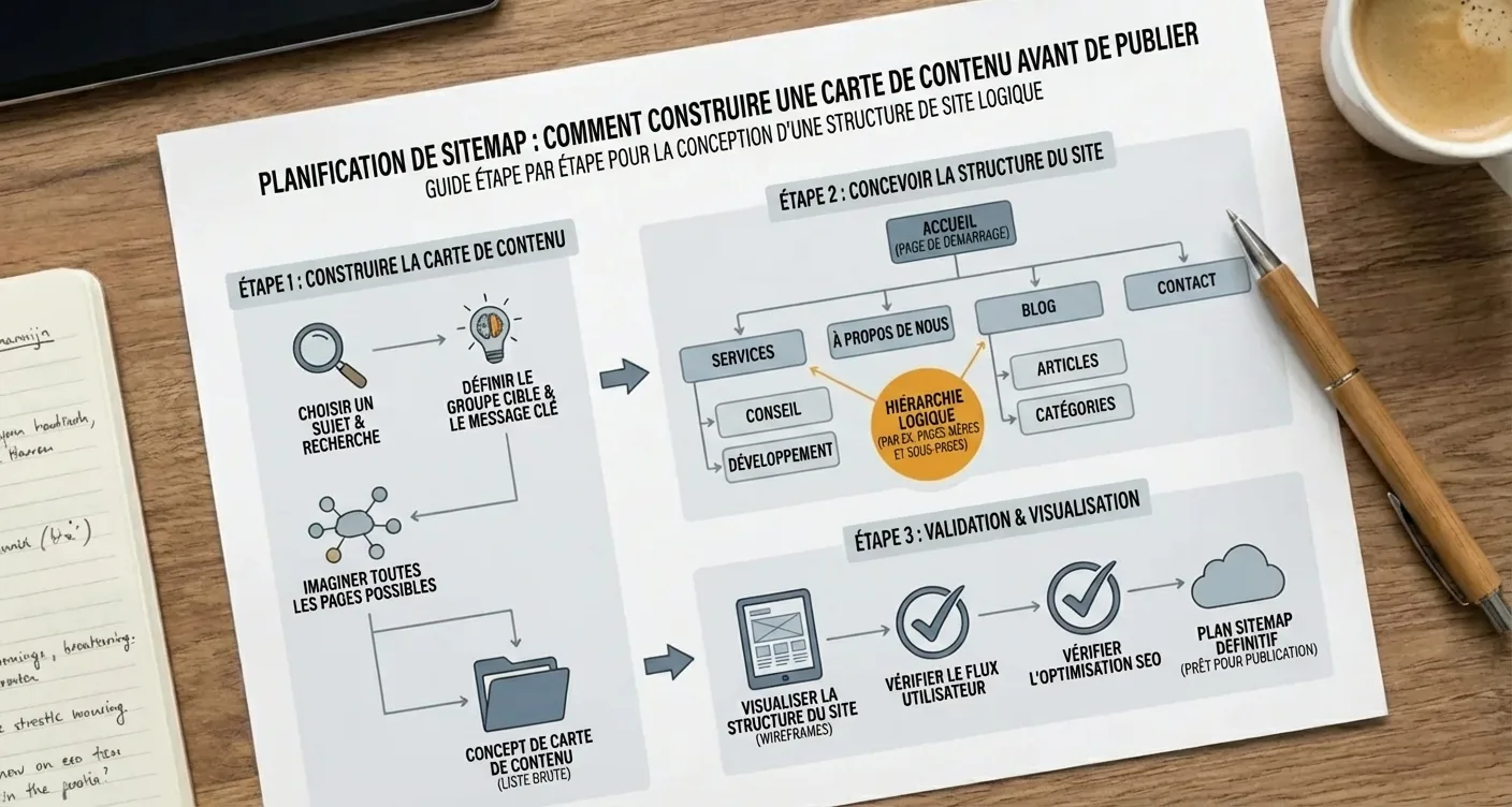 Infographie claire sur la planification et la création de plan de site XML pour le SEO.