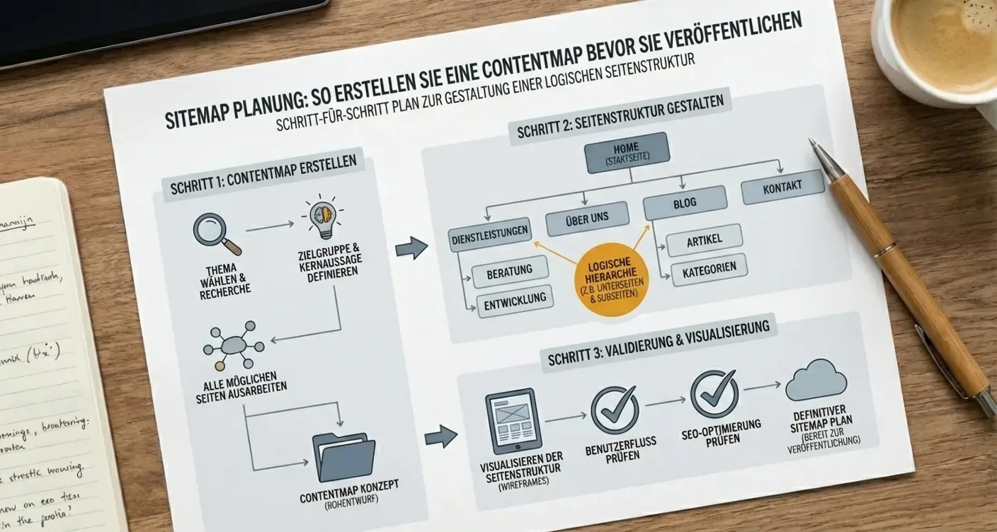 Infografik: Sitemap-Planung & Content-Map-Erstellung. Schritt-für-Schritt-Anleitung für eine logische, SEO-optimierte Website-Struktur.