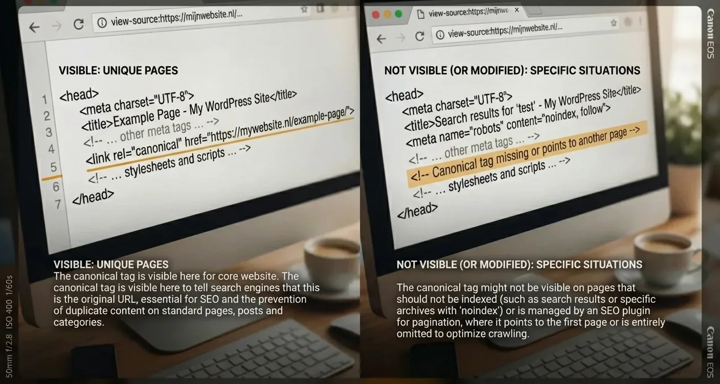Close-up of website source code displaying a canonical tag in the HTML header for effective SEO.
