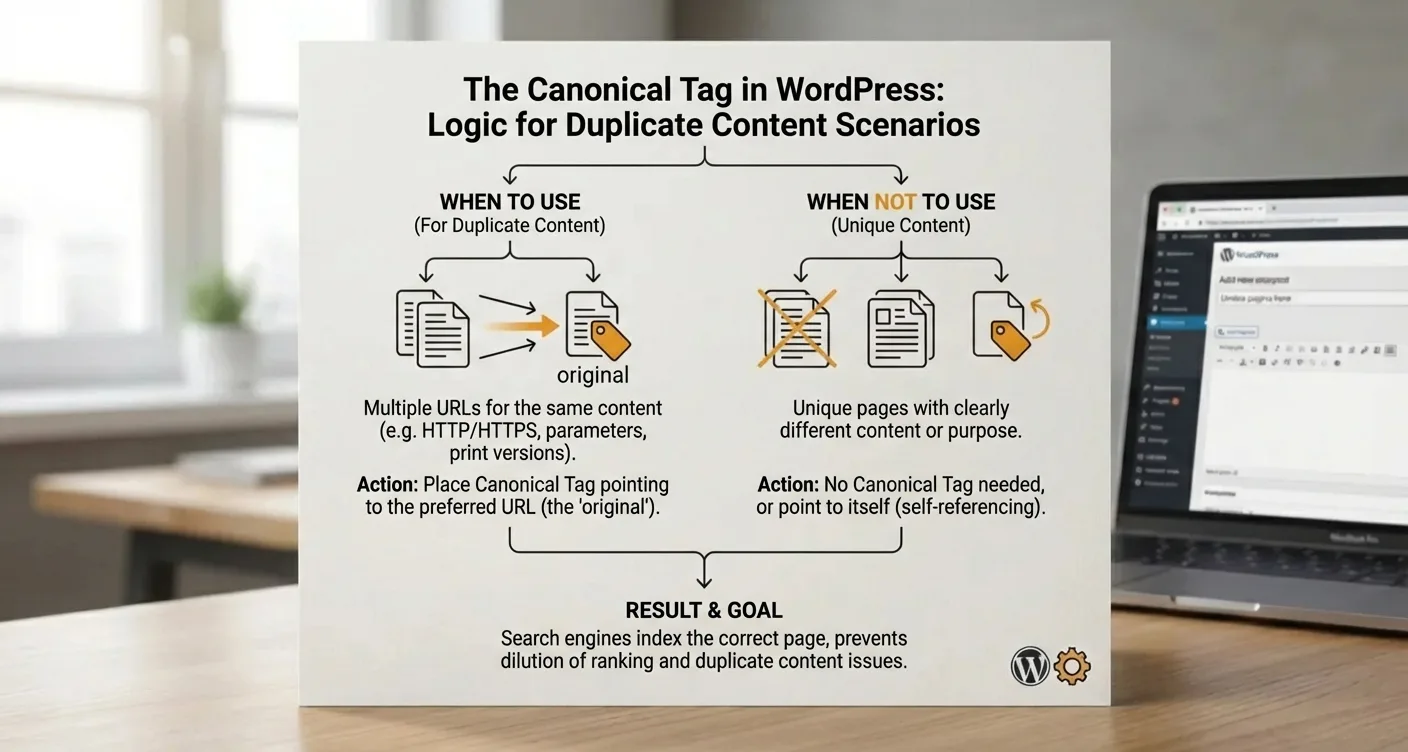 Infographic: WordPress canonical tag logic for duplicate content SEO best practices.