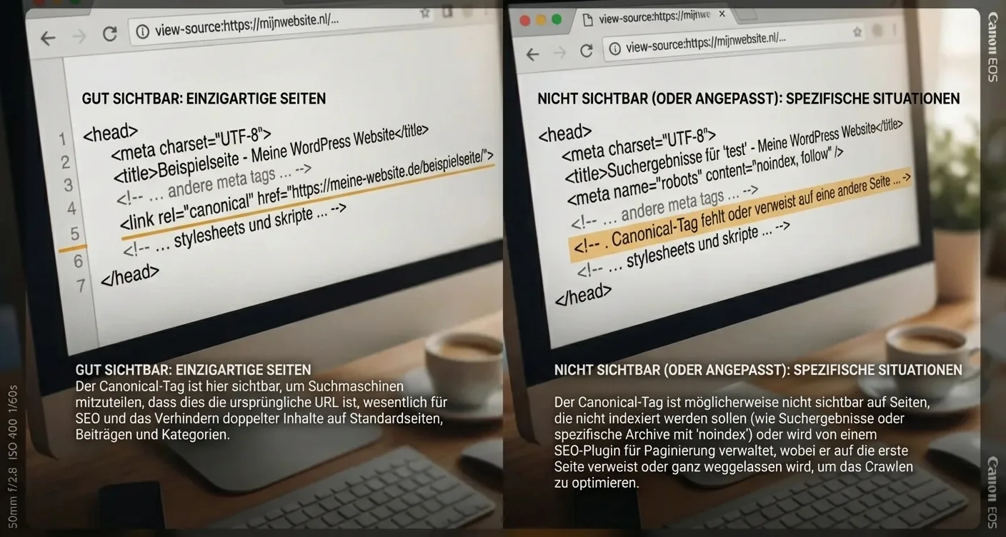 WordPress Quellcode-Ausschnitt: Canonical Tag im Head-Bereich für SEO. Korrekte Implementierung veranschaulicht.