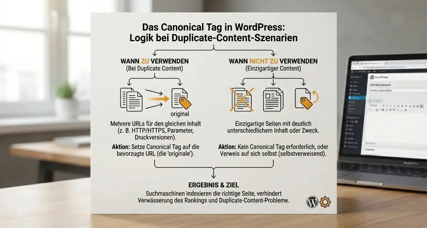 Übersichtliche Infografik erklärt Canonical Tag Logik in WordPress bei Duplicate Content Problemen.