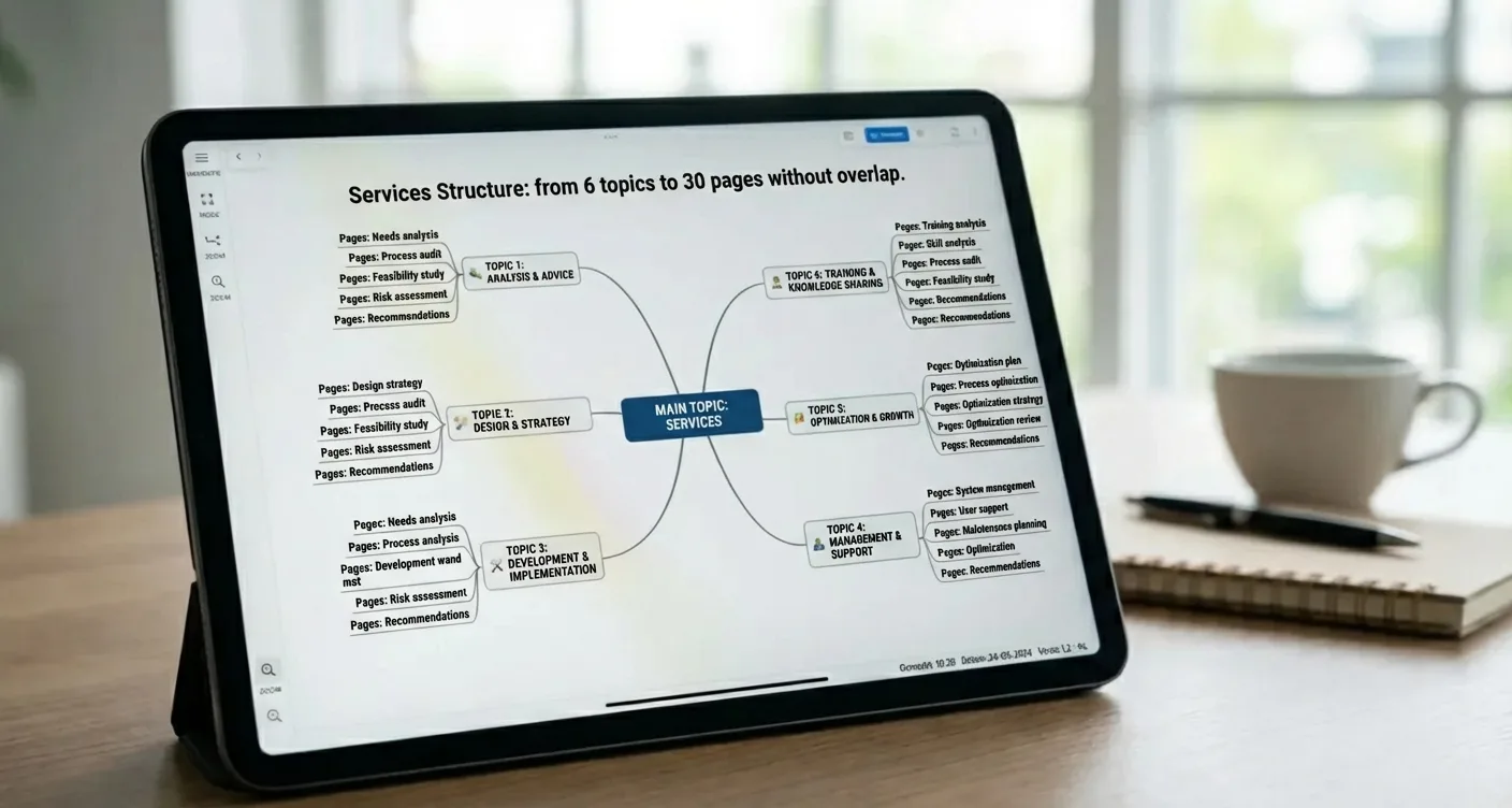 Digital mind map showing optimized service page structure, scaling from 6 core topics to 30 unique pages for SEO.