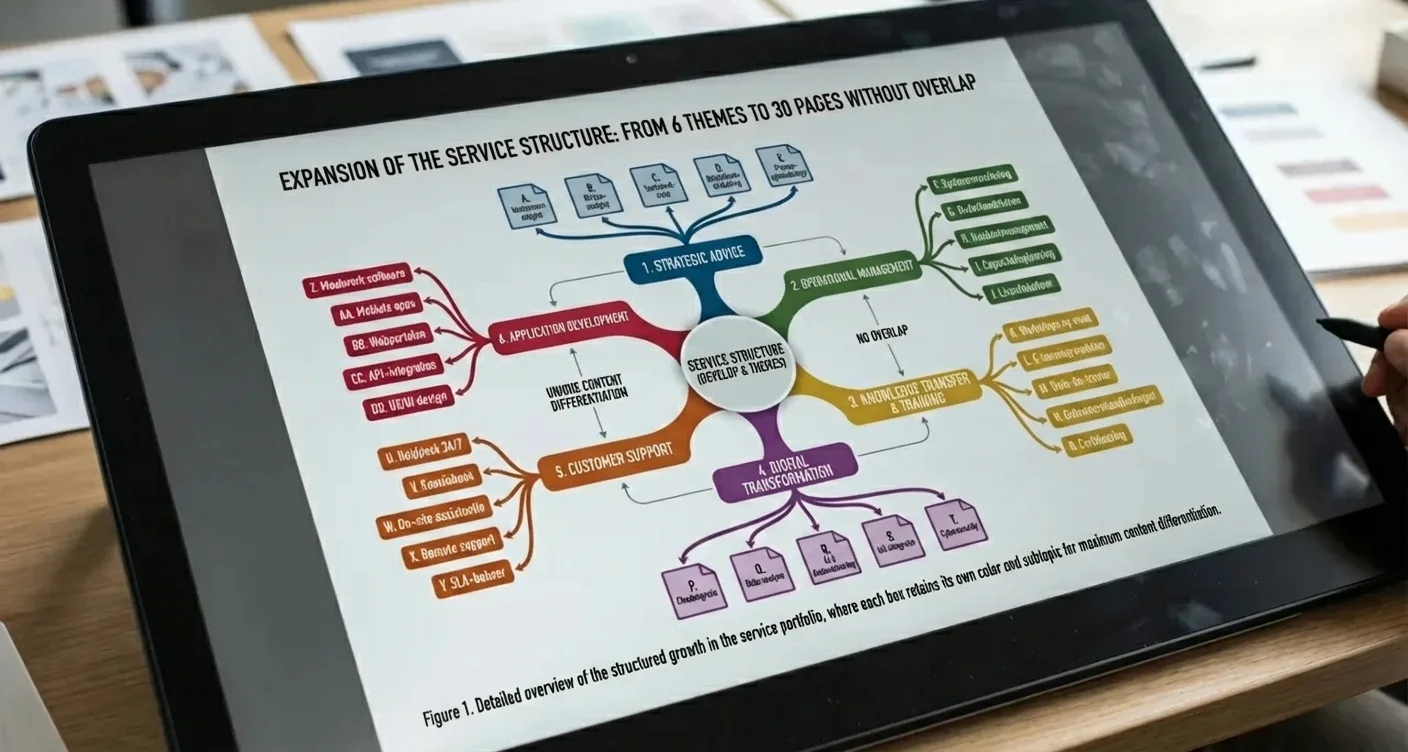 Infographic: SEO-friendly website architecture showing service page expansion from 6 core topics to 30 unique content pages.