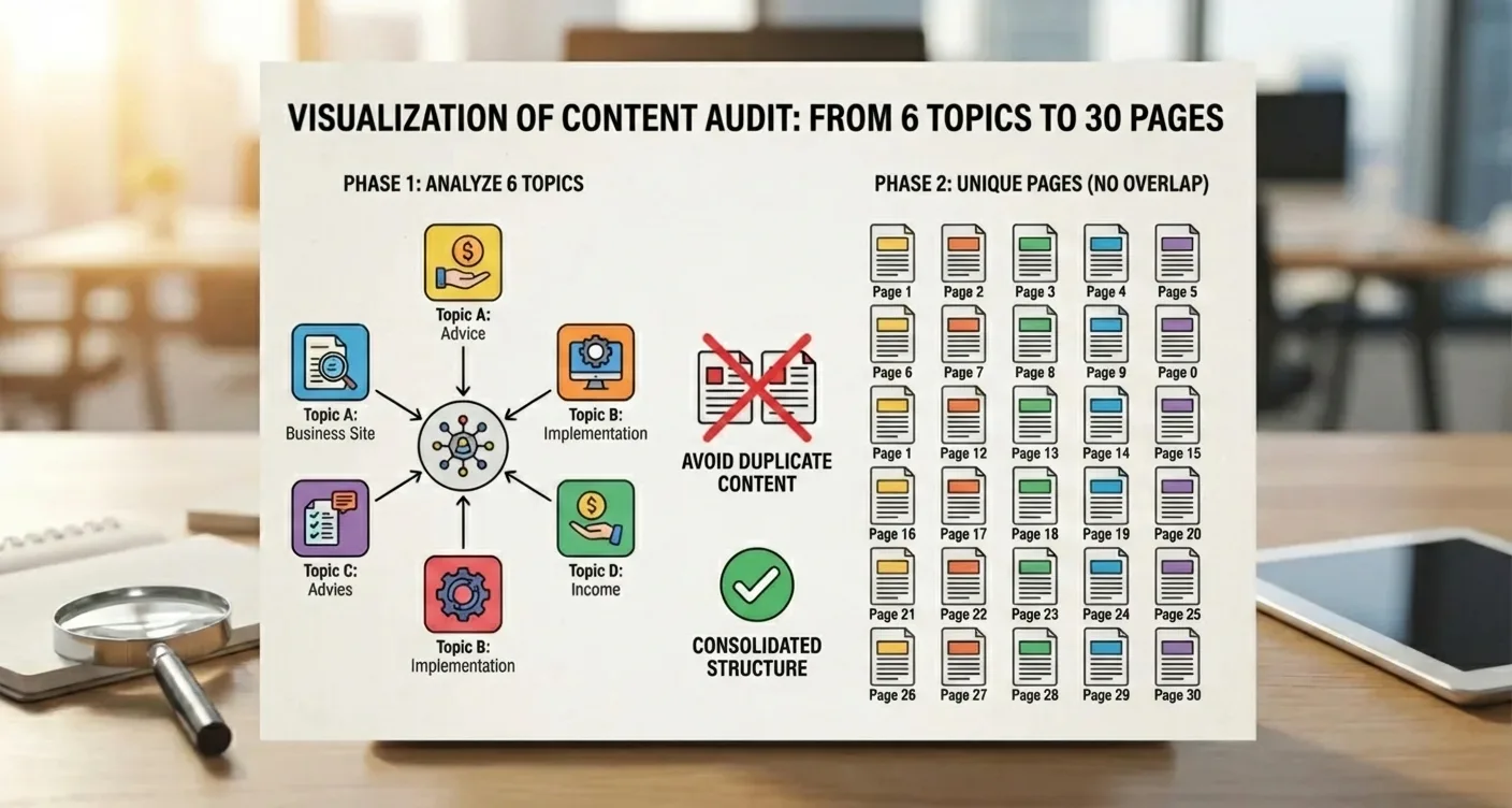 SEO content audit infographic: scaling service pages from 6 core topics to 30 unique pages, with duplicate content prevention icons.