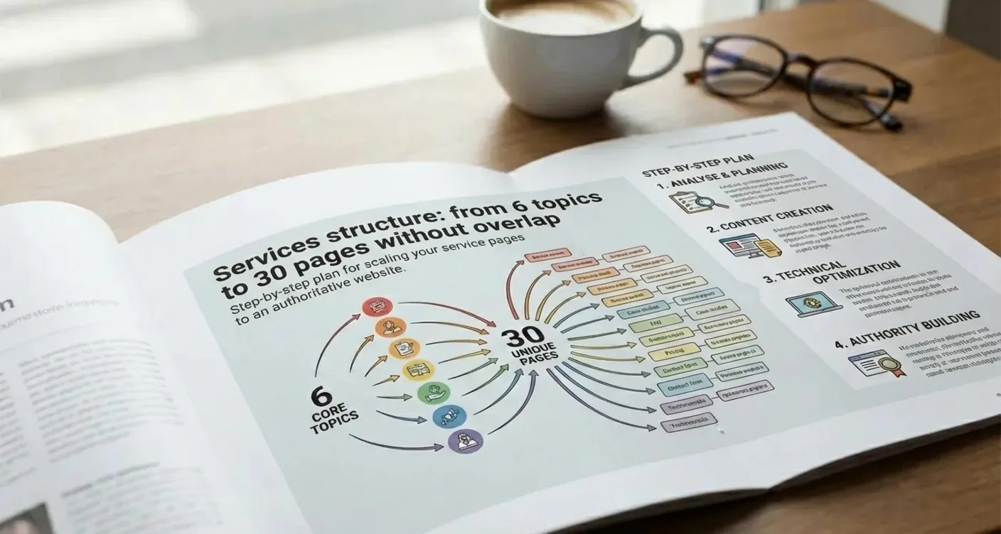 SEO service page structure strategy: scaling 6 core topics to 30 niche pages for authoritative website growth.