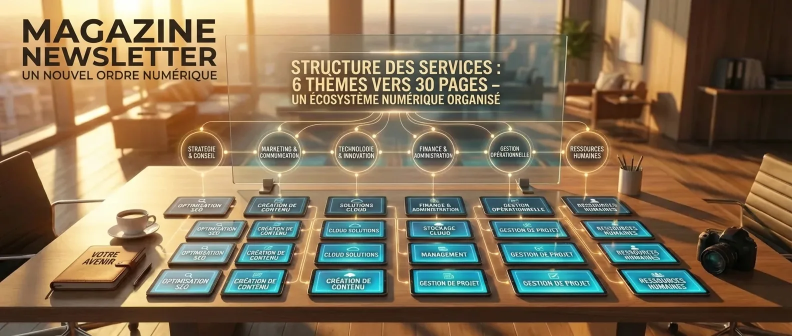 Optimisation SEO via l'architecture de services: structuration de 6 thèmes en 30 pages de contenu unique.